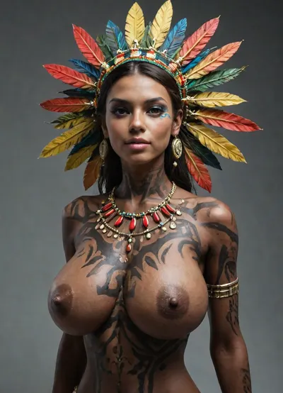 (Realistic:1.7), (Pro quality:1.5), (full body:.9), (big tits:1.8), Kayapó Guardian, (Brazil), Hair, Short and straight, in the traditional style, sometimes covered by a headdress of long, vibrant feathers, (red/yellow), . Makeup, Black body paint, (genipap), with geometric patterns covering a large part of the body/face. Bust/Body, Strong, average height, medium bust, (C), . Theme, Minimal clothing, total focus on the body paint. Beaded accessories and bracelets.