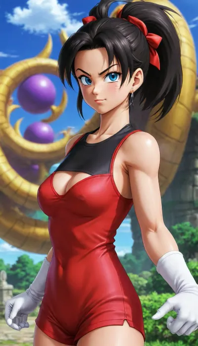 (Masterpice), (HD4K visual), (detailed background), 4K ultra-detailed image, HDR, enhancement, professional photography, detailed face, precise anatomy, (perfect body symmetry), (5 fingers per hand), maximum resolution, NSFW, "Anime style portrait of Videl from Dragon Ball Super, fair-skinned young woman with vivid blue eyes and short black hair, wearing a red headband, She is dressed in a simple red dress with a small devil face emblem on the chest, black leggings, and white high-heel boots. Slender yet athletic build, perky breasts, hairy pussy, soft and friendly expression, high-quality 2D digital art, breasts exposed, gumdrop nipples, Akira Toriyama character design style, vibrant colors, clear sky background", son, goku, piccolo, vegeta, Frieza, Cell, krillin, Majin, Buu, Raditz, android, 17, 18, bulma, chi-chi, (dragon, ball_), trunks, PEAnimeBG, Background, anime, scenery, <lora:Dragon Ball_XL:1.4>, <lora:PE_AnimeBG:1.4>