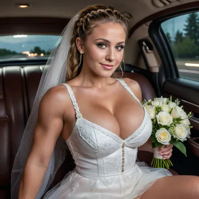(masterpiece, best quality:1.2), photorealism, studio photo, beautiful serbian woman, 30 years old, (big breasts:1.2), (round breasts:1.2), long hair, brown hair with blonde strands, braided hair, tanned skin, (glamour makeup:1.2), bride, luxury wedding dress, sitting in back of a limousine, black leather seat, at night, seductive smile, uberfit, muscular, athletic, <lora:SDXLHighDetail_v6-000005:1.5>, <lora:uberfit_lora_sdxl:.8>
