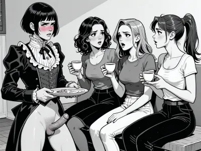 A black-and-white comic panel in a bold, expressive cartoon style, depicting three women and one man in a dramatic social interaction. On the left, a man with short, dark, bobbed hair and a frilly, high-collared dress stands with a blush on his cheeks, holding a tea tray, looking embarrassed and flustered. He is naked from the waist down. he has a penis with an errection. To his right, three women are seated on a bench, engaged in animated conversation, each holding a teacup. They have varied hairstyles—wavy, straight, and ponytailed—and wear casual tops and pants. Their expressions range from amused to judgmental, with exaggerated features and wide eyes. The lighting is flat and graphic, typical of comic art, with strong black outlines and minimal shading. The background is a simple, unadorned interior with a plain wall and floor, keeping focus on the characters. The overall composition is dynamic, with characters leaning in and gesturing, creating a sense of tension and gossip.