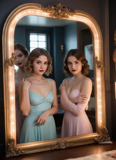 a unique art style heavily inspired by French Belle Époque, aesthetics mixed with Art Nouveau—characterized by organic, sinuous curves—and Art Deco’s sharp, geometric lines. It also emphasizes Chiaroscuro, (strong contrast between light and dark), Playful mirror featuring 4 girls, 25 year old college sorority girlfriends. They're dressed in sexy Halloween costumes, posing teasingly with a mischievous grin. Their dormroom has an aesthetic, with a large mirror, scattered makeup items, and soft lighting that enhances the pastel colors around her. Colorful and lighthearted Halloween decorations are displayed in the background. The angle of the shot is slightly tilted, capturing a laid-back, influencer-inspired vibe.
