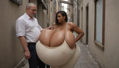 ((((very beautiful slutty seductive African prostitute woman fucking a very fat very old business man standing next to her)))), (very gigantic very massive droopy tits:1.55), (very overflowing cleavage:1.45), (very low cut long boob cleavage:1.05), all models with complete body