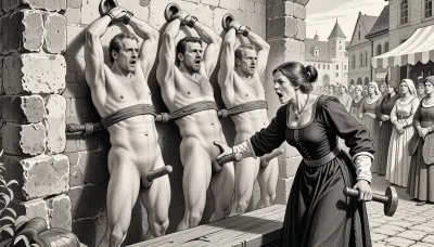 This is a monochromatic pencil sketch in a classical illustrative style depicting a scene set in an german medieval marketplace, stonewall on left side of image, 3 naked men are bound to the wall, men are 30+, men have different faces, men look very shocked, not athletic, men are slightly overweight, the men are standing on a wooden riser, men are next to each other, both hands over the head, arms straigh up, cuffs on their wrists, cuffs bound to rings in the wall, men have visible penises, men have straight erections, 1 female medieval judge is grabbinb testicles of one man with her hand, man with grabbed testicles screams in pain, female judge is 45 years old, female judge is very angry, female judge is holding a hammer in the other hand. medieval female townsfolk in the background watching in anticipation, townsfolk only women

The overall style is a black and white pencil sketch, capturing a candid moment. The scene has a brutal, dark atmosphere. The overall mood is intense, expressive line work and subtle shading, evoking the style of 1900s satirical or moralistic illustrations.