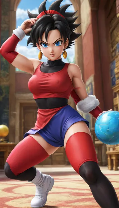 (Masterpice), (HD4K visual), (detailed background), 4K ultra-detailed image, HDR, enhancement, professional photography, detailed face, precise anatomy, (perfect body symmetry), (5 fingers per hand), maximum resolution, NSFW, "Anime style portrait of Videl from Dragon Ball Super, fair-skinned young woman with vivid blue eyes and short black hair, wearing a red headband, She is dressed in a simple red dress with a small devil face emblem on the chest, black leggings, and white high-heel boots. Slender yet athletic build, perky breasts, hairy pussy, soft and friendly expression, high-quality 2D digital art, breasts exposed, gumdrop nipples, Akira Toriyama character design style, vibrant colors, clear sky background", son, goku, piccolo, vegeta, Frieza, Cell, krillin, Majin, Buu, Raditz, android, 17, 18, bulma, chi-chi, (dragon, ball_), trunks, PEAnimeBG, Background, anime, scenery, <lora:Dragon Ball_XL:1.4>, <lora:PE_AnimeBG:1.4>