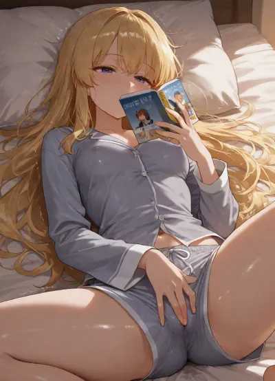 (Glossy liner anime style:1.8), masterpiece, 4K best quality, high quality, blonde hair, small breasts, erect nipples, wearing grey pajamas, pajama shorts, on bed, (), legs spread, reading book, masturbating, leaking, tired, sweaten, trembling, side view, <lora:add-detail-xl:1.8>, <lora:attractive_notrigger:1.8>, <lora:detailed_notrigger:1.8>