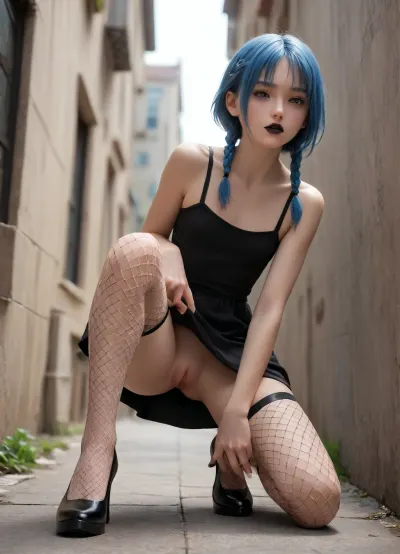 femboy, flat chest, soft dick, short dress, upskirt, low-cut black dress, long downblouse, fishnet stockings, long blue hair in a braid, black lipstick, no panties