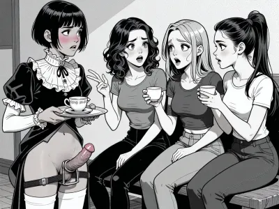 A black-and-white comic panel in a bold, expressive cartoon style, depicting three women and one man in a dramatic social interaction. On the left, a man with short, dark, bobbed hair and a frilly, high-collared dress stands with a blush on his cheeks, holding a tea tray, looking embarrassed and flustered. He is naked from the waist down. he has a penis with an errection. The penis is locked in a small chastity cage. To his right, three women are seated on a bench, engaged in animated conversation, each holding a teacup. They have varied hairstyles—wavy, straight, and ponytailed—and wear casual tops and pants. Their expressions range from amused to judgmental, with exaggerated features and wide eyes. The lighting is flat and graphic, typical of comic art, with strong black outlines and minimal shading. The background is a simple, unadorned interior with a plain wall and floor, keeping focus on the characters. The overall composition is dynamic, with characters leaning in and gesturing, creating a sense of tension and gossip.