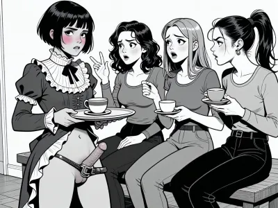 A black-and-white comic panel in a bold, expressive cartoon style, depicting three women and one man in a dramatic social interaction. On the left, a crossdressing man with short, dark, bobbed hair and a frilly, high-collared dress stands with a blush on his cheeks, holding a tea tray, looking embarrassed and flustered. He wears makeup. He is naked from the waist down. he has a penis with an errection. The penis is locked in a small chastity cage. To his right, three women are seated on a bench, engaged in animated conversation, each holding a teacup. They have varied hairstyles—wavy, straight, and ponytailed—and wear casual tops and pants. Their expressions range from disgruntled to judgmental, with exaggerated features and wide eyes. The lighting is flat and graphic, typical of comic art, with strong black outlines and minimal shading. The background is a simple, unadorned interior with a plain wall and floor, keeping focus on the characters. The overall composition is dynamic, with characters leaning in and gesturing, creating a sense of tension and gossip.