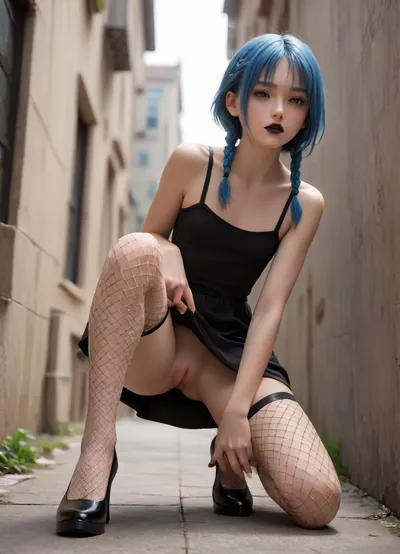 femboy, flat chest, soft dick, short dress, upskirt, low-cut black dress, long downblouse, fishnet stockings, long blue hair in a braid, black lipstick, no panties