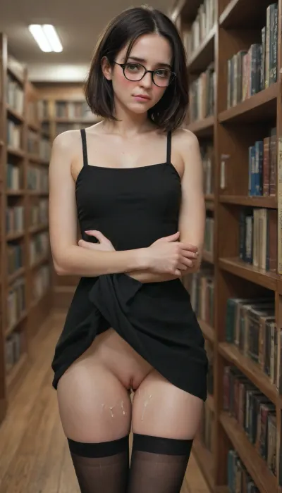 One girl, black hairs, glasses, black short dress, nude pussy, no panties, black stocking, in library, (embarrassed:1.5), cum on thighs