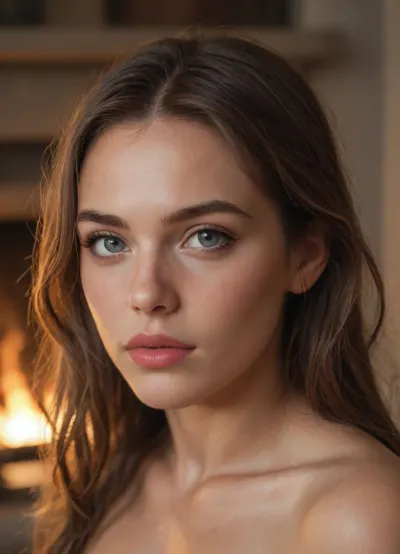 Hyper-realistic cinematic photograph, 8k, close-up, beautiful young nude staring into the fire, from behind, focus on a modern fireplace with a large roaring fire, glowing deep red and orange, deep shadows in the corners, warm soft light flooding the room, cosy interior, Dramatic lighting, Canon EOS R5, 35mm f/2.