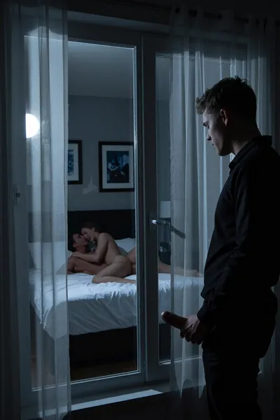 Secret Fenster Blick: ein Mann beobachtet sein glückliches Ehepaar in Mondlit Intimacy