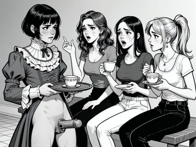 A black-and-white comic panel in a bold, expressive cartoon style, depicting three women and one man in a dramatic social interaction. On the left, a man with short, dark, bobbed hair and a frilly, high-collared dress stands with a blush on his cheeks, holding a tea tray, looking embarrassed and flustered. He is naked from the waist down. he has a penis with an errection. The penis is locked in a small chastity cage. To his right, three women are seated on a bench, engaged in animated conversation, each holding a teacup. They have varied hairstyles—wavy, straight, and ponytailed—and wear casual tops and pants. Their expressions range from disgusted to judgmental, with exaggerated features and wide eyes. The lighting is flat and graphic, typical of comic art, with strong black outlines and minimal shading. The background is a simple, unadorned interior with a plain wall and floor, keeping focus on the characters. The overall composition is dynamic, with characters leaning in and gesturing, creating a sense of tension and gossip.