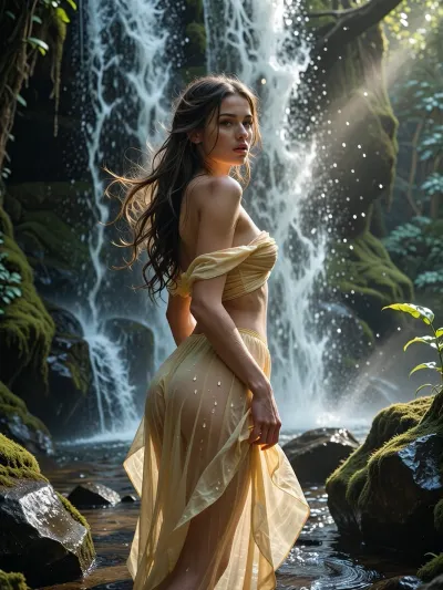 A stunningly beautiful woman standing at the base of a cascading waterfall, her long, flowing hair gently lifted by a light breeze. She wears a semi-transparent yellow dress that clings softly to her form, catching the mist from the waterfall. The waterfall occupies the background and the woman centred in the foreground. Golden-hour lighting casts warm highlights on her skin, while soft shadows add depth. The colour palette blends vibrant greens of surrounding moss and foliage, crystal blues and whites of the waterfall, and warm honey tones of sunlight. Rendered in hyper-realistic, cinematic style with detailed textures of water droplets, wet rocks, and fabric movement. The atmosphere is serene and slightly mystical, capturing motion in the falling water and the gentle sway of her dress. High quality, high detail.