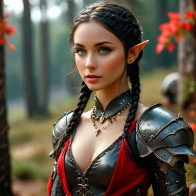 dark-fantasy, female elf knight, 20y old, (pointy elf ears:1.2), deep black braided hair, battle-ready armor, determined stance, natural beauty, dynamic, /KlTTY-ART/, <lora:COMFYUI_mimic_landscape_-_XL_SDXL v2.0:.7>, full body view, <lora:attractive_notrigger:.8>, <lora:PerfectEyesXL:.6>, <lora:MJ52:1>, pearl necklace, red fabric under armor, red detail on armor, looking sideways off camera, flat chest