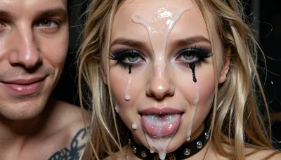 a blond bimbo girl has her mouth slightly open and completely full of cum, she can barely keep the massive amount of cum inside her mouth, cum bubbles, a large amount of cum is also running down from her foredhead down on the left and right side of her nose, her black lashes are caked together from cum, cum is also dripping down her cheeks, she is crying black mascara tears, her hair is messed up and wet, she is incredibly beautiful, she has a very cute face, goth makeup, she wears a choker, doll face, full body picture, next to her on the left side of the photo is a man´s face, man´s face is fully visible, man has short brown hair and is smiling into camera, both are posing for photo, Canon EOS 5D Mark II, kodak, photo, tattoo, pale, cold, lighting