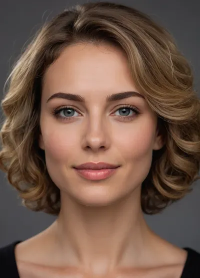 Ultra-detailed photorealistic portrait of a European woman, approximately 35–45 years old, with a warm intelligent appearance, expressive eyes, and naturally feminine facial structure. Face shape narrow oval with soft vertical proportions, slightly elongated rather than round. High smooth forehead with soft natural hairline. Cheekbones moderately defined but not sharp, cheeks naturally soft with light smile lines. Jawline narrow and feminine without angularity. Chin small to medium-sized, rounded and slightly delicate. Fair skin with warm beige-ivory undertones, realistic texture, visible pores, subtle crow’s feet near the eyes, soft nasolabial folds, healthy natural glow, authentic mature beauty without heavy retouching. Eyes medium-sized, almond-shaped with slightly rounded lower lids, light blue-gray color with soft cool undertones. Eyes positioned symmetrically with natural spacing approximately equal to one eye width. Outer eye corners subtly lifted, creating a warm lively attentive expression. Upper eyelids lightly hooded. Eyebrows medium-thick, expressive, carefully shaped with a defined soft arch, medium brown color slightly darker than hair. Brows positioned relatively high, opening the face and enhancing emotional warmth. Nose narrow and straight with refined bridge and softly rounded tip. Nose proportional and elegant, neither short nor prominent. Lips medium-thin with soft natural contour, upper lip thinner than lower lip, natural pink-beige tone. Smile open, genuine, emotionally warm, showing upper teeth naturally. Mouth width moderate and harmonious with the facial proportions. Hair light blonde to dark blonde with warm golden undertones, naturally curly and voluminous with dense soft ringlets and waves. Hair length shoulder-length to slightly above shoulders, layered curly bob silhouette with asymmetrical natural movement. Volume concentrated around sides of the face, framing cheeks and eyes. Expression kind, emotionally open, energetic, intelligent, slightly playful yet calm. Overall appearance resembles an empathetic psychologist, educator, creative professional, or public speaker. Natural candid photography aesthetic, documentary realism, soft daylight, shallow depth of field, 85mm lens look, ultra realistic skin texture, authentic facial anatomy, subtle asymmetry, no glamour retouching, no exaggerated makeup, no fashion-model stylization, photorealistic portrait.