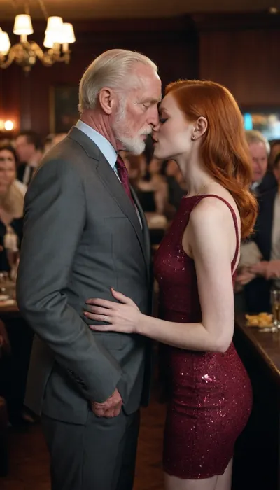 a skinny redhead woman, in a club, looks shy, cocktail dress, full body, older gradnpa is standing next to the woman, the grandpa wears a suit, kissing