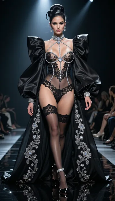 8k hyper-realistic haute couture runway photograph. A dark, liquid-mirror catwalk. A woman walks with a majestic, feline gait. She wears a monumental negligee of pleated midnight-black silk organza with oversized, billowing sleeves, it is worn wide open, acting as a dramatic frame. Underneath, a masterpiece of 'diamond-lingerie', a structured bodice of fine Chantilly lace that traces the contours of the breasts with silver silk piping and encrusted microscopic diamonds that sparkle under the lights. The centerpiece is a high-waisted, ultra-sophisticated lace panty, the sides are made of thick, ornate floral embroidery, but the entire central crotch area is made of a single layer of ultra-fine, 100% transparent silk mousseline. This 'window' of mousseline is so sheer it is invisible, leaving the entire pubic area and labia completely visible, center-stage, and framed by the diamond-encrusted lace borders. She wears a matching garter belt with silver hardware holding up back-seamed stockings. On her feet, 16cm extreme stiletto heels in polished black lacquer. Her hair is a complex, high-fashion architectural updo with a glossy finish. The lighting is aggressive, a cold theatrical spotlight carves her anatomy, creating blinding highlights on the diamonds and making the skin and texture of the exposed sex glow through the mousseline with surgical high-definition radiance. Low-angle shot, 85mm lens, f/1.2. Razor-sharp focus on the anatomical transparency and the luxury of the silver-and-lace details.