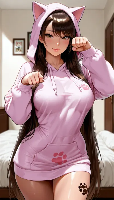 (photo realistic), (masterpiece), (high resolution), Latina mixed race, mid 30s, slender with curves, narrow face, tattoos, natural medium perky breasts, ((excessively long hair)), ((hyper long hair)), ((hair goes past her waist)), wearing a plain baggy oversized hoodie, hoodie dress, hoodie has cat ears on hood, hoodie has extra long sleeves that go over her hands, bottomless, playful look on face, ((kawaii cat paw pose)), bending over in bedroom, view from behind