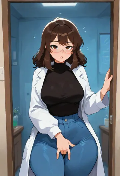 Short thick curvy woman with, (tightly curled frizzy reddish-brown hair), (medium length hair), (wide hips, wide waist), ., (Irish, round face), (Wearing a lab coat), (medium breasts), (standing in the doorway of her research lab), (she has one hand down her jeans, playing with her vagina. Fingering herself. Masturbating), hairy pussy. Wearing plastic safety glasses. Flirting, aroused, seductive expression. She wants to fuck. Perfectfingers, (j_cartoon:1.5), Breckie Hill, <lora:detailed_notrigger:1>, <lora:samdoesarts1.1-000030:.4>, <lora:J_cartoon:.3>, <lora:Animated_Concept:.4>, <lora:Mavis_Comic_Style-000002:.8>