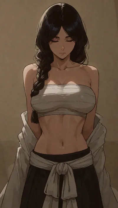 Markgavatino art style, front view, Retsu Unohana, (Bleach), athletic body, medium breasts, braid, peacefully closed eyes, head turned down, hands resting on her midriff, chestwraps tube top