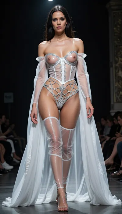 8k avant-garde runway photograph. A provocative 'naked-yet-dressed' concept. The woman wears a skeletal white silk corset designed with extreme cut-outs, the cups are replaced by ultra-thin, transparent crystalline mesh that leaves the breasts and nipples fully exposed, framed only by delicate silver-thread embroidery. The garter belt is a complex web of fine silk straps, intentionally revealing the hips and pubic area through translucent tulle panels. On her feet, 13cm clear acrylic stilettos. She wears a colossal, floor-length negligee of sheer pleated chiffon, but it is worn completely off the shoulders, draped only on her forearms, acting as a dark frame for her exposed, luminous body. The lighting is aggressive, carving the contours of her anatomy with surgical precision, highlighting the moisture on her skin and the scandalous transparency of the lace. Low-angle shot, 85mm lens, f/1.4, razor-sharp focus on the anatomical details and the invisible mesh. A breathtaking statement of sophisticated obscenity and high-end luxury.