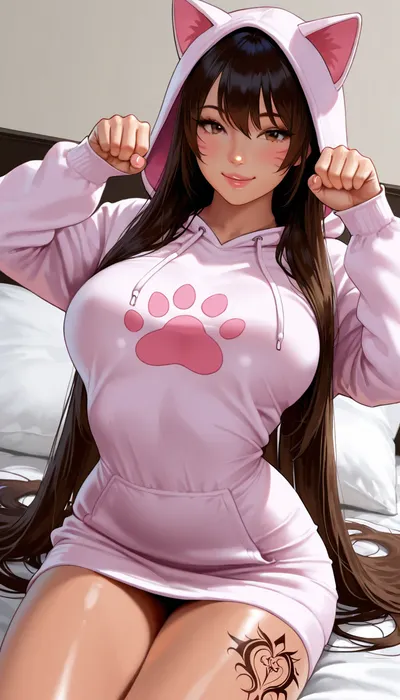 (photo realistic), (masterpiece), (high resolution), Latina mixed race, mid 30s, slender with curves, narrow face, tattoos, natural medium perky breasts, ((excessively long hair)), ((hyper long hair)), ((hair goes past her waist)), wearing a plain baggy oversized hoodie, hoodie dress, hoodie has cat ears on hood, hoodie has extra long sleeves that go over her hands, bottomless, playful look on face, ((kawaii cat paw pose)), crawling on bed, view from behind