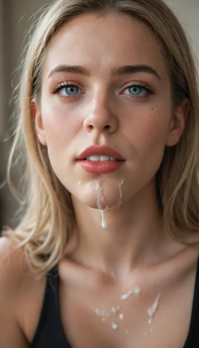 Woman’s face profile, skinny woman, smudged red lipstick, smudged makeup, ((best detail, photorealistic)), detailed eyes, detailed lips, teeth, ((cum on chin, long cum stream dropping down)), blurry background, highly detailed, close up