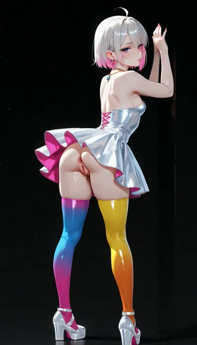 black background, style neon painted, petite body, in full height, stands in a pose, random color short cute dress, 1girl, solo, height exactly 132 centimeters, small detailed bust, small_breast, bangs, short hair, necklace with a heart, earrings, manicure, pedicure, light makeup, pale skin, transparent high-platform shoes with stilettos, random color stockings, love juice flows from the anus, the vagina is slightly open, the anus is large