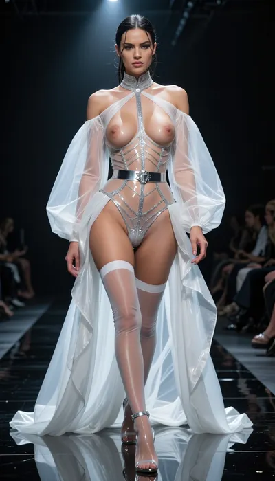 8k ultra-realistic haute couture runway photograph. A dark, high-gloss reflective catwalk. A woman walks with an insolent and predatory gait, showcasing a scandalous 'nude-couture' ensemble. She wears a monumental negligee of sheer, pleated white silk chiffon with wide, oversized sleeves and a floor-sweeping train, worn entirely open and sliding off her shoulders to reveal her torso and hips. Underneath, a skeletal lingerie system made of micro-fine, transparent 'glass-effect' tulle and silver silk filaments. The piece is engineered with a radical anatomical cut, the silk threads only trace the outer contours of her body, leaving the breasts and the entire pubic area completely naked and exposed, framed only by the invisible tension of the crystalline mesh. A high-fashion, ultra-thin silk garter belt with silver hardware holds up thigh-high stockings so sheer they appear painted on. On her feet, 14cm clear acrylic stilettos that make her appear to float. Her hair is a wet-look architectural updo. The lighting is aggressive, a cold, powerful overhead spotlight carves her anatomy with surgical precision, creating brilliant highlights on the silver filaments and making the pubic area and skin glow with high-definition radiance. Low-angle shot, 85mm lens, f/1.2. Razor-sharp focus on the skin's texture, the transparency of the chiffon, and the scandalous architectural exposure. The pinnacle of sophisticated, high-end provocation.