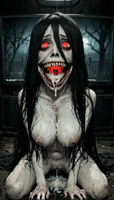 score_9, score_8_up, score_7_up, score_6_up, (animated, 2d, anime style), (((Sadako Yamamura))), 1girl, solo, long hair, black hair, very long hair, (mess hair), naked breast, torn clothes, impossible clothes, hair over eyes, torn dress, grey skin, impossible dress, yamamura sadako, hair over one eye, (((yandere, psychosis, possession, dangerous, crazy, psycho))), blush, (heavy breathing), steam, (bags under eyes), night, television, sweat, head tilt, cleavage, (massive veiny breasts, saggy), ((full body)), (night, dark room), (red glowing eyes), (((stuck in static tv screen))), glitches, lean forward, ((gothic style, dark theme, low light, cold colors, nightmare, horror)), (horror mouth wide open:1.3), excessive Saliva dripping, side view, bukkake, cum, (thick white cum:1.2), cum in pussy, dripping pussy, (anal sex:1.3), (cum dripping from pussy:1.4), (having sex:1.2), (on top of viewer:1.4), <lora:MS_Real_XL_Bukkake:.8>