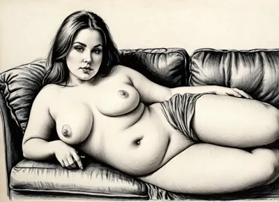 (((A detailed black and white pencil drawing))), with clean lines and meticulous shading, sketch of a woman, chubby, (plump, thin waist), completely nude with long hair, lying on a sofa, soft features and a serene expression. The drawing should have delicate shading and intricate details, capturing the essence of the subject with fine pencil strokes, the background should be simple, allowing the focus to remain on the portrait itself, by, NTY, v0ng44g, sk3tch, .8>, she is curvy, sexy, medium-sized teardrop-shaped breasts, large areolas, wide hips, large buttocks, thick thighs, depollated vagina, (curvy:1), 3, swollen, Charcoal, drawing, colored, crayons, black, pencil, and, white, graphite, <lora:sketch_it:1>, <lora:Black_pencil_drawing-000001:1.2>