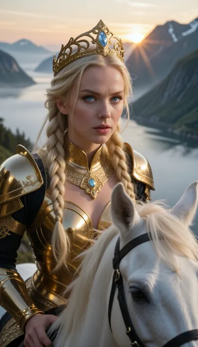 8k hyper-realistic cinematic portrait. A medium-shot of a stunningly beautiful blonde Valkyrie with porcelain skin and piercing ice-blue eyes, riding her white stallion as they soar above a foggy Scandinavian fjord. Her face is a masterpiece of classical beauty, with high cheekbones and a fierce, divine expression, captured in sharp detail. She wears an ornate, high-gloss golden tiara and divine golden armor that scintillates with a warm, celestial glow. The rising sun hits her face, creating a soft, golden radiance on her skin and making her long, braided blonde hair shimmer. The background shows the misty peaks of the fjord and the sunrise breaking through the fog in a soft bokeh blur, keeping the focus entirely on her face and the horse's head. Divine volumetric lighting, 'God rays' highlighting the texture of the gold and the fine details of her features. 50mm lens, f/1.8, razor-sharp focus on the eyes. High-fashion mythological aesthetic, ethereal and powerful.