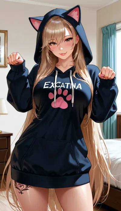 (photo realistic), (masterpiece), (high resolution), Latina mixed race, mid 30s, slender with curves, narrow face, tattoos, natural medium perky breasts, ((excessively long hair)), ((hyper long hair)), ((hair goes past her waist)), wearing a plain baggy oversized hoodie, hoodie dress, hoodie has cat ears on hood, hoodie has extra long sleeves that go over her hands, bottomless, playful look on face, ((kawaii cat paw pose)), standing in bedroom