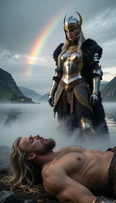 Cinematic 8k shot. dark, mystical Scandinavian fjord at dawn, drowning in a thick, heavy primeval fog. A tall, ethereal Valkyrie goddess stands in a rich hauberk of shimmering golden chainmail and dark furs, wearing an intricate gold-and-silver Vendel helmet. She looks down with chilling, sovereign indifference at the warrior at her feet. The warrior is a powerful colossus with very long, wild blonde hair and a thick rugged beard, he lies on the ground in a deep, death-like sleep, his face calm and expressionless. High in the foggy sky, a faint, shimmering prism of the Bifröst—a translucent, multi-hued rainbow light—is partially glimpsed through the heavy mist, casting ghostly, fractured reflections. There is no direct sun, only the soft, prismatic glow from the rainbow catching the golden links of her mail. The dense white mist rises to their chests, isolating them in a silent void. 35mm lens, f/5.6, high contrast, focus on the contrast between the warrior's silent, massive body and the goddess's cold, living presence.