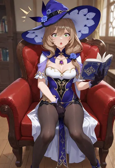 masterpiece, best quality, highres, detailed, 1woman, (lisa_, (genshin_impact), , :1.3), genshin_impact, <lora:lishax_xl:1.3>, mature, (skinny body:1.3), (small chest:1.1), (fully dressed:1.5), (full official clothes:1.5), detailled clothes, sitting on armchair, one hand reading book, looking at the viewer, one hand masturbating pose, (legs apart:1.1), (surprised expression:1.5), full body, high view, slightly side turned, monstdatd library background, detailed background, 3D anime style, genshin impact style, cel shading, in-game cinematic, vibrant color