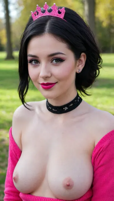 18 years old russian gir in a park, sweet face, makeup, black neck chocker, hot pink lipstick, smiling, petite, black stockings, loose off shoulders sweater, black hair, ponytail, wind blown long hair, huge breasts, nipple rings, belly button piercing, (((nipslip))), showing nipples, pale, skin, fluxenh4nce, (((Queen of spades pasties on nipples))), <lora:Pale_Skin_SDXL_v1.0:.8>, <lora:FLUXEnh4nce:.8>