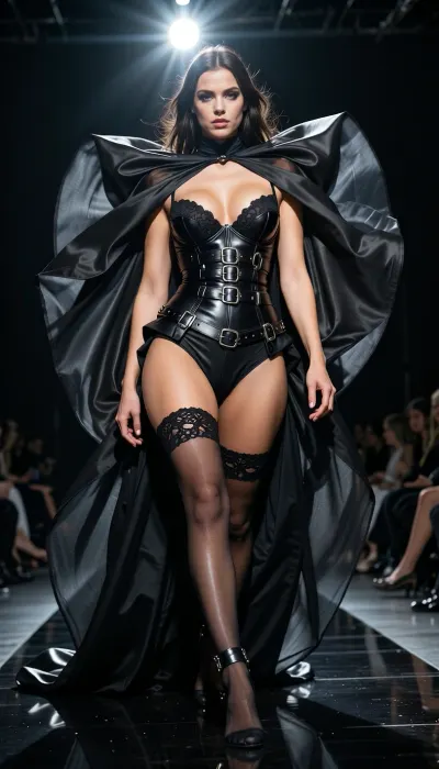 8k haute couture runway photograph. A provocative, high-fashion atmosphere. A stunning woman walks with a fierce, confident gait down a dark, reflective catwalk. She wears an explosive ensemble of black architectural lingerie, a sheer lace corset, daringly high-cut silk panties, and intricate lace-topped stockings held by a sophisticated, multi-strap leather garter belt with silver buckles. Over her shoulders, a massive, flowing sheer silk negligee billows like a dark cloud, catching the harsh spotlight. The lighting is dramatic and theatrical, a powerful overhead spotlight carves her muscles and curves, creating blinding highlights on the silk and deep, pitch-black shadows. The camera is low-angle, looking up to emphasize her powerful presence. Shot with an 85mm lens, f/2.8, for razor-sharp focus on the glint of the garter buckles and the fine mesh of the stockings. Intense, saturated atmosphere. High-fidelity textures of skin, leather, and fine lace. Palette of deep midnight black, silver flashes, and warm amber skin tones. Pure provocation and breathtaking detail.