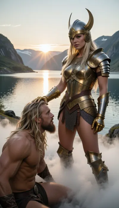 Cinematic 8k shot. majestic Scandinavian fjord at dawn. A tall, blonde Valkyrie in detailed golden plate armor and a Vendel helmet stands with a haughty and superior gaze. She places her golden-gauntleted hand on the head of a kneeling warrior. The warrior is a powerful colossus with very long wild blonde hair and a thick, rugged beard, looking up into her eyes. The rising sun is directly behind her head, creating a natural blinding flare. Her legs are enveloped in a thick, swirling white morning fog, strictly vaporous and translucent. 35mm lens, f/5.6, high contrast, focus on the intense eye contact and the physical interaction.