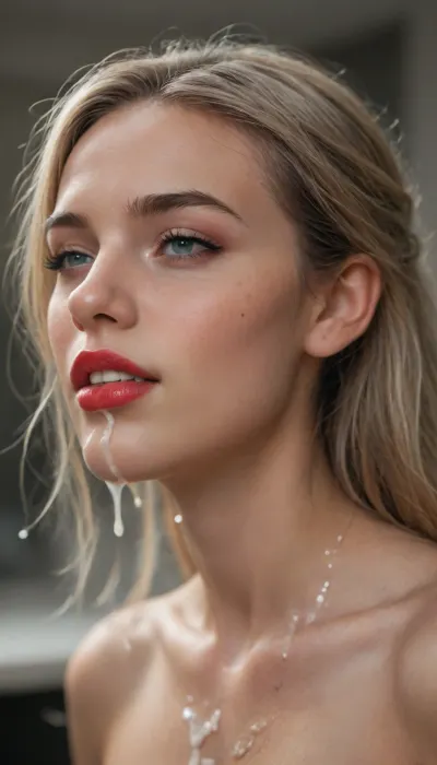 Woman’s face profile, skinny woman, smudged red lipstick, smudged makeup, ((best detail, photorealistic)), detailed eyes, detailed lips, teeth, ((cum on chin, long cum stream dropping down)), blurry background, highly detailed, close up, side view