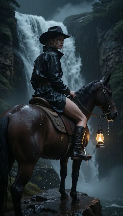 ultra photorealistic cinematic night scene in an almost completely black wilderness, a violent storm raging through steep cliffs and dense fog, a sexy female rider, 29 years old, (moves slowly along a narrow wet rock ledge while riding directly through the falling water of a massive waterfall:1.4), mist and spray, the sheer force of the waterfall visible in wave of vapor, thick fog and drifting mist filling the air and swallowing most of the environment in darkness, the only visible light source a tiny oil lamp hanging beneath her detailed hand, suspended by a small metal handle and swinging softly with the horse’s movement, its weak golden glow barely cutting through the darkness and rain, creating dramatic reflections on soaked leather, wet skin and dripping fabric, her wide brimmed cowboy hat saturated with water, rain running from the edges continuously, her high collared raincoat clinging heavily to her body, every texture rendered with extreme realism, soaked fabric fibers, scratched leather, tarnished buckles and wet horsehair visible in fine detail, her face illuminated only partially by the lamp, revealing sharp eyes, defined nose, wet lips and an intense calm expression with subtle restrained emotion, the horse muscular and tense beneath her, water streaming across its back and saddle, ultra dark low light atmosphere, deep blacks, cinematic contrast, analog 35mm film aesthetic, shallow depth of field, heavy film grain, raw mystical realism, masterpiece composition