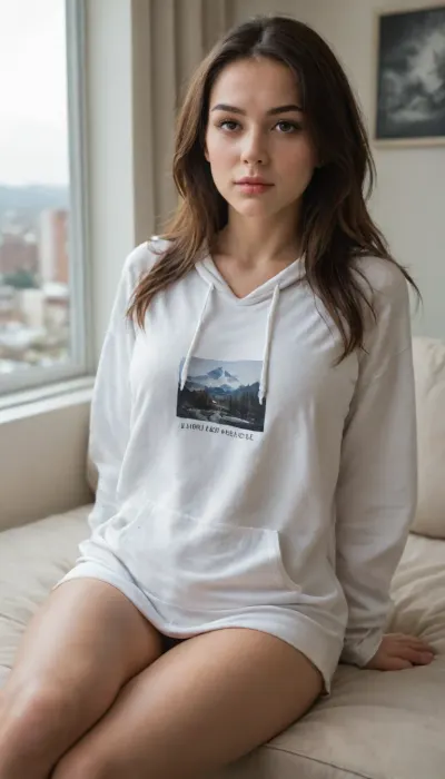 masterpiece, best quality, ultra-detailed, 8K, photorealistic, beautiful young woman with long straight dark brown hair, fair smooth skin, big expressive eyes with natural makeup, glossy lips in soft seductive expression, slim toned curvy body, wearing oversized white hoodie, sitting relaxed sensual pose on windowsill or sofa by huge floor-to-ceiling window, one hand running through her long hair, body slightly leaning back with legs casually apart, bright sunny high-rise apartment with city and mountain skyline visible, strong natural daylight, looking directly at viewer