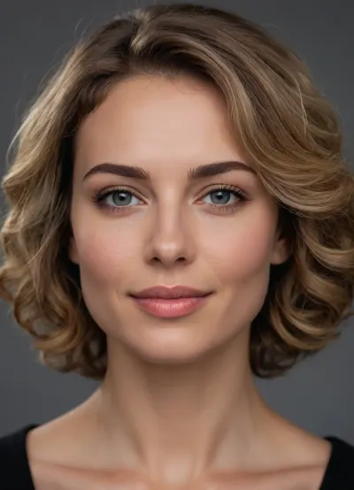 Ultra-detailed photorealistic portrait of a European woman, approximately 35–45 years old, with a warm intelligent appearance, expressive eyes, and naturally feminine facial structure. Face shape narrow oval with soft vertical proportions, slightly elongated rather than round. High smooth forehead with soft natural hairline. Cheekbones moderately defined but not sharp, cheeks naturally soft with light smile lines. Jawline narrow and feminine without angularity. Chin small to medium-sized, rounded and slightly delicate. Fair skin with warm beige-ivory undertones, realistic texture, visible pores, subtle crow’s feet near the eyes, soft nasolabial folds, healthy natural glow, authentic mature beauty without heavy retouching. Eyes medium-sized, almond-shaped with slightly rounded lower lids, light blue-gray color with soft cool undertones. Eyes positioned symmetrically with natural spacing approximately equal to one eye width. Outer eye corners subtly lifted, creating a warm lively attentive expression. Upper eyelids lightly hooded. Eyebrows medium-thick, expressive, carefully shaped with a defined soft arch, medium brown color slightly darker than hair. Brows positioned relatively high, opening the face and enhancing emotional warmth. Nose narrow and straight with refined bridge and softly rounded tip. Nose proportional and elegant, neither short nor prominent. Lips medium-thin with soft natural contour, upper lip thinner than lower lip, natural pink-beige tone. Smile open, genuine, emotionally warm, showing upper teeth naturally. Mouth width moderate and harmonious with the facial proportions. Hair light blonde to dark blonde with warm golden undertones, naturally curly and voluminous with dense soft ringlets and waves. Hair length shoulder-length to slightly above shoulders, layered curly bob silhouette with asymmetrical natural movement. Volume concentrated around sides of the face, framing cheeks and eyes. Expression kind, emotionally open, energetic, intelligent, slightly playful yet calm. Overall appearance resembles an empathetic psychologist, educator, creative professional, or public speaker. Natural candid photography aesthetic, documentary realism, soft daylight, shallow depth of field, 85mm lens look, ultra realistic skin texture, authentic facial anatomy, subtle asymmetry, no glamour retouching, no exaggerated makeup, no fashion-model stylization, photorealistic portrait.