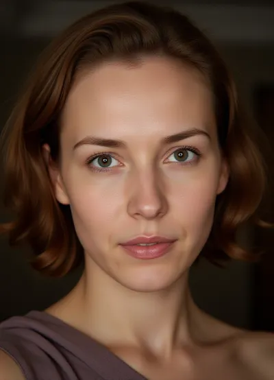 Ultra-detailed photorealistic portrait of a mature European woman, age 45–50, with long vertical facial proportions, subtle asymmetry, intelligent academic appearance, and emotionally observant gaze. Narrow elongated oval face, visually “pulled downward” rather than wide. High forehead, relatively flat cheekbones without glamorous volume, soft narrow jawline, small rounded chin. Face length noticeably greater than width, creating a refined intellectual silhouette rather than a fashion-model look. Fair neutral-warm skin with realistic mature texture, soft pores, faint under-eye folds, visible nasolabial structure, natural age lines, authentic mature beauty. Medium-sized hazel eyes with brown-green tones, slightly rounded in the center rather than sharply almond-shaped. Eyes deeply expressive, focused, thoughtful, slightly tired, with psychological intensity. Heavy upper eyelids, low brow placement, visible upper lid weight. Outer eye corners only subtly lifted. Eyes spaced naturally at approximately one eye width. Medium-thick natural eyebrows with soft angular arches, positioned relatively low above the eyes, reinforcing a concentrated intellectual expression. Long straight nose with narrow upper bridge and refined structure. Nose slightly longer than average facial proportion, bridge thin near the radix, softly rounded nasal tip, compact nostrils. Inner eye corners align closely with outer nostril edges. Lips are highly characteristic, thin upper lip, noticeably fuller lower lip, soft muted berry or natural rose tones. Slightly downturned mouth corners create a restrained serious expression. Mouth width moderate, not wide. Moderate philtrum length. Strong vertical tension between nose, lips, and chin contributes to recognizable facial identity. Thick chestnut-brown hair with warm copper undertones, styled in naturally voluminous curls or soft waves. Hair volume concentrated around temples and sides of the face, creating a recognizable rounded silhouette around the head. Chin-length or shoulder-length layered curly bob. Expression calm, analytical, introspective, emotionally intelligent, slightly severe but warm underneath. Looks like a psychologist, writer, professor, documentary filmmaker, or public intellectual rather than a celebrity or fashion model. Cinematic editorial realism, highly detailed facial anatomy, authentic mature proportions, natural soft lighting, realistic skin texture, shallow depth of field, 85mm lens, subtle shadows, photorealistic, no glamour retouching, no exaggerated beauty styling, no perfect symmetry.