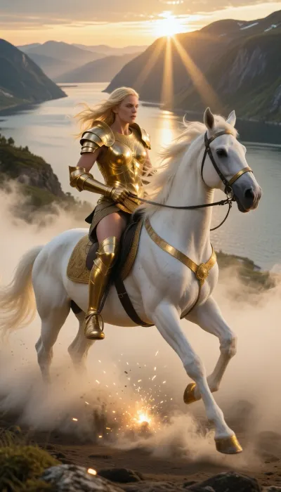 8k hyper-realistic cinematic masterpiece. A medium-wide shot of a divine blonde Valkyrie in shimmering golden armor, riding a powerful white stallion that is galloping with explosive energy directly on top of a thick layer of morning fog. The horse's posture is dynamic and fierce, neck arched, muscles rippling under its glowing white coat, and hooves captured mid-stride in a powerful gallop, kicking up swirling clouds of mist as if it were solid ground. Beneath its golden shoes, the fog ignites with sparks of divine light at every impact. The scene is set above a deep Scandinavian fjord at sunrise, the golden light of the sun hits the horse's flank and the Valkyrie's armor, creating brilliant specular highlights. Her long blonde hair and the horse's thick mane flow backward, emphasizing the incredible speed. Volumetric lighting, 'God rays' piercing through the golden mist, high-definition textures of sweat, fur, and polished gold. 35mm lens, f/2.8, motion blur on the background to enhance the sense of galloping velocity. Epic mythological scale, majestic and breathtaking.