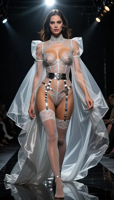 8k haute couture runway photograph. A provocative and daring atmosphere on a dark, reflective catwalk. A stunning woman walks with a fierce presence, wearing an extraordinary ensemble of transparent luxury lingerie. Centered is a sheer, structured lace corset with delicate embroidery that leaves the breasts visible through translucent silk tulle, revealing her figure with artistic and bold elegance. She wears a sophisticated garter belt with intricate silk straps and silver hardware, holding up fine lace-topped stockings. Draped over her shoulders is a massive, voluminous sheer silk negligee that billows and flows behind her like a translucent cape, catching the harsh theatrical spotlights. The lighting is dramatic, a powerful, high-contrast overhead spotlight carves the contours of her body, creating brilliant highlights on the silk and deep, velvet shadows. Low-angle shot to emphasize her commanding stature. 85mm lens, f/2.2, razor-sharp focus on the textures of the transparent lace, the glint of the garter clips, and the grain of her skin. Saturated palette of midnight black, amber skin tones, and silver flashes. High-fidelity realism, pure provocation