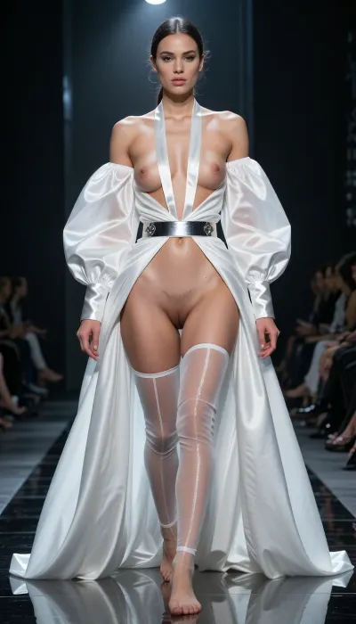 8k hyper-realistic haute couture runway photograph. A dark, high-gloss catwalk. A woman walks with an insolent, predatory gait, showcasing a masterpiece of 'inverse-couture'. She wears a monumental negligee of pleated white silk organza, engineered with rigid silk-cuffs and a massive train, but the garment is worn 'back-to-front', draped only over her arms and shoulders to frame her naked silhouette like a theatrical curtain. Underneath, she wears a sophisticated, custom-engineered lingerie piece, high-waisted white silk 'thigh-high' panels that cover the outer legs but are connected by ultra-thin, invisible monofilament threads. This garment features a radical, sharp 'V-opening' that begins at the navel and widens down to the thighs, creating a total, unobstructed anatomical void that leaves the entire pubic area and labia completely bare and starkly exposed. The breasts are framed by two vertical, razor-thin silk ribbons that emphasize the nudity instead of hiding it. A high-fashion silk garter belt is integrated into the side panels, with silver hardware pulling the fabric away from the center to maximize the exposure. The lighting is clinical and aggressive, a cold overhead spotlight carves the internal anatomy of the 'void', making the skin and texture of the exposed sex glow with high-definition, dewy radiance against the matte white silk. Low-angle shot, 85mm lens, f/1.2. Razor-sharp focus on the 'V-opening' edges and the raw, sophisticated nudity of the center-stage sex. A breathtaking study of the 'naked-yet-dressed' paradox.