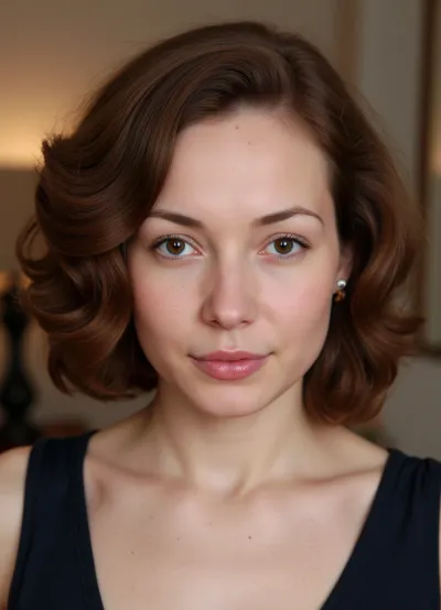 Ultra-detailed photorealistic portrait of a mature European woman, age 45–50, with long vertical facial proportions, subtle asymmetry, intelligent academic appearance, and emotionally observant gaze. Narrow elongated oval face, visually “pulled downward” rather than wide. High forehead, relatively flat cheekbones without glamorous volume, soft narrow jawline, small rounded chin. Face length noticeably greater than width, creating a refined intellectual silhouette rather than a fashion-model look. Fair neutral-warm skin with realistic mature texture, soft pores, faint under-eye folds, visible nasolabial structure, natural age lines, authentic mature beauty. Medium-sized hazel eyes with brown-green tones, slightly rounded in the center rather than sharply almond-shaped. Eyes deeply expressive, focused, thoughtful, slightly tired, with psychological intensity. Heavy upper eyelids, low brow placement, visible upper lid weight. Outer eye corners only subtly lifted. Eyes spaced naturally at approximately one eye width. Medium-thick natural eyebrows with soft angular arches, positioned relatively low above the eyes, reinforcing a concentrated intellectual expression. Long straight nose with narrow upper bridge and refined structure. Nose slightly longer than average facial proportion, bridge thin near the radix, softly rounded nasal tip, compact nostrils. Inner eye corners align closely with outer nostril edges. Lips are highly characteristic, thin upper lip, noticeably fuller lower lip, soft muted berry or natural rose tones. Slightly downturned mouth corners create a restrained serious expression. Mouth width moderate, not wide. Moderate philtrum length. Strong vertical tension between nose, lips, and chin contributes to recognizable facial identity. Thick chestnut-brown hair with warm copper undertones, styled in naturally voluminous curls or soft waves. Hair volume concentrated around temples and sides of the face, creating a recognizable rounded silhouette around the head. Chin-length or shoulder-length layered curly bob. Expression calm, analytical, introspective, emotionally intelligent, slightly severe but warm underneath. Looks like a psychologist, writer, professor, documentary filmmaker, or public intellectual rather than a celebrity or fashion model. Cinematic editorial realism, highly detailed facial anatomy, authentic mature proportions, natural soft lighting, realistic skin texture, shallow depth of field, 85mm lens, subtle shadows, photorealistic, no glamour retouching, no exaggerated beauty styling, no perfect symmetry.