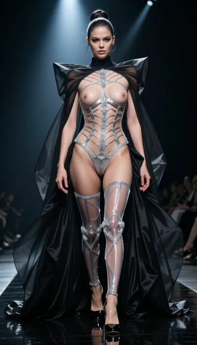 8k avant-garde haute couture runway photograph. A dark, high-gloss catwalk under aggressive, cold theatrical spotlights. A woman walks with a slow, predatory gait, embodying a scandalous 'total transparency' concept. She wears a conceptual masterpiece, a skeletal corset and garter system made of ultra-fine, transparent monofilament and silver silk 'veins' that trace the lines of her body without covering them. The garment is designed with a deliberate, total absence of fabric over the breasts and the pubic area, which are fully exposed and framed only by the architectural tension of the silver filaments and microscopic crystalline mesh. On her feet, 14cm stilettos in polished black lacquer with razor-thin steel heels. Over this, a monumental, floor-sweeping negligee of pleated midnight-black silk organza, worn completely open and billowing behind her like a dark translucent aura, acting as a massive frame for her luminous, entirely revealed silhouette. Her hair is a polished, high-fashion structural updo with a wet-look finish. The lighting is brutal, a sharp overhead beam carves her anatomy with surgical precision, creating blinding highlights on the silver threads and making her skin glow with a dewy, hyper-realistic radiance. Low-angle shot from the end of the runway, 85mm lens, f/1.4. Razor-sharp focus on the anatomical details, the texture of the skin, and the invisible tension of the silver filaments. A breathtaking statement of absolute, sophisticated provocation and high-end luxury nudity."